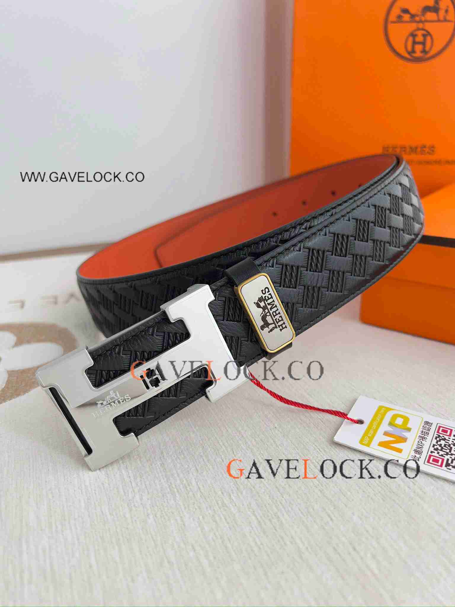 Knock off Hermes Reversible Guillochee Leather Belt Orange-Black 38 mm